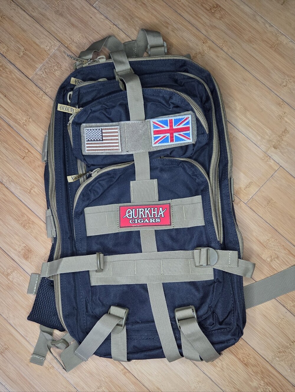 GURKHA Cigars Black Tactical Backpack with Khaki Straps